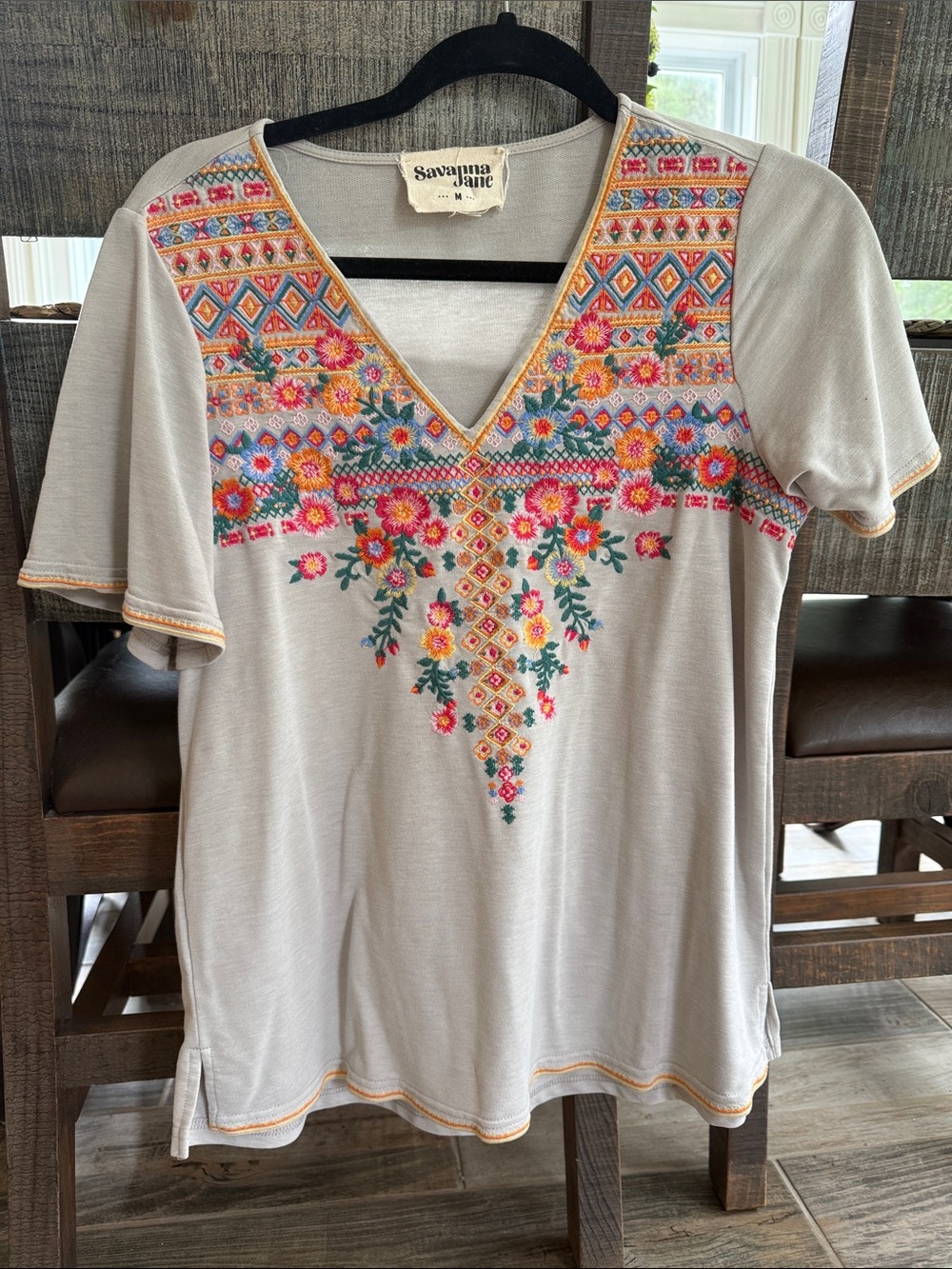 Savanna Jane Cream V-Neck Top with Colorful Floral Embroidery